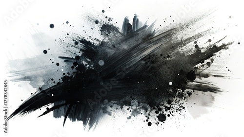 Abstract Black Ink Brush Strokes & Splashes on White Background - Creative Art Design Resource