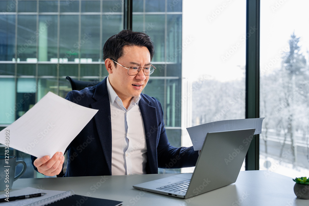 Successful Asian businessman in a formal suit reviewing documents at a desk in a contemporary office with large windows. Vibrant emotions signify engagement and decision-making. Successful Asian businessman in a formal suit reviewing documents at a desk in a contemporary office with large windows. Vibrant emotions signify engagement and decision-making.