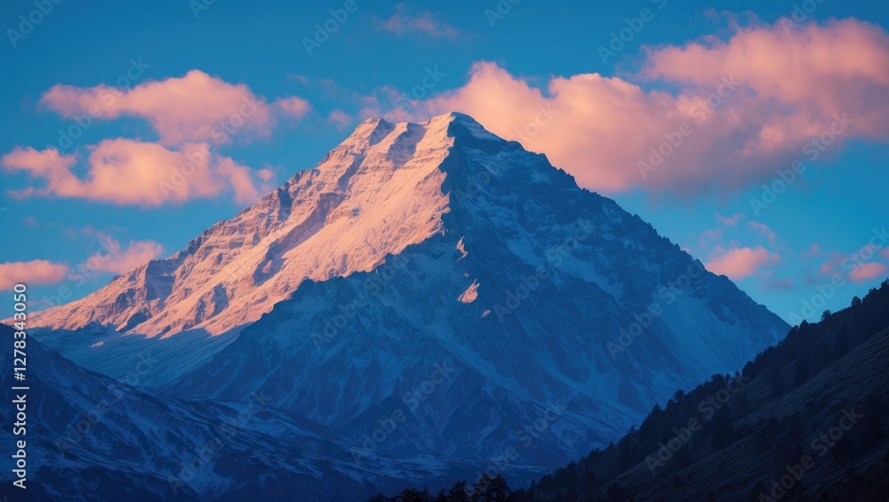 Majestic Snow-Capped Mountain Against Vibrant Blue Sky with Soft Clouds and Clear Space for Text Annotation Majestic Snow-Capped Mountain Against Vibrant Blue Sky with Soft Clouds and Clear Space for Text Annotation