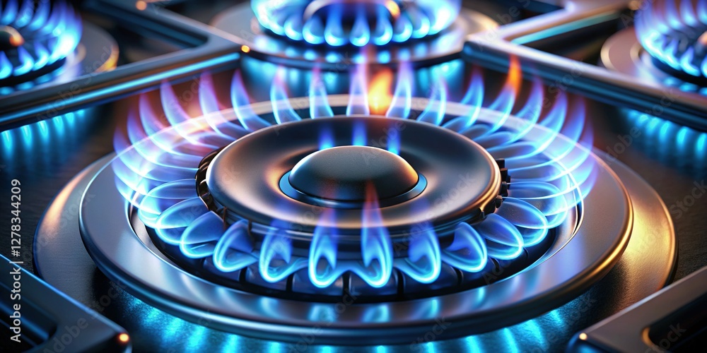 Close-up of Blue Gas Flame Burning on a Kitchen Stovetop Burner Close-up of Blue Gas Flame Burning on a Kitchen Stovetop Burner