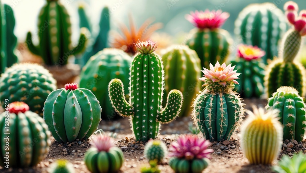 Fototapeta premium Vibrant assorted cacti and succulents in a sunlit garden setting perfect for decorative agriculture concepts and nature-inspired designs.