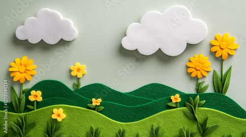 A cute wool felt scene with simple green hills, white clouds, and yellow flowers
