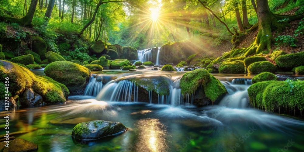 Fototapeta premium Crystal Clear Stream Water Flowing Over Rocks & Waterfall - Nature Background