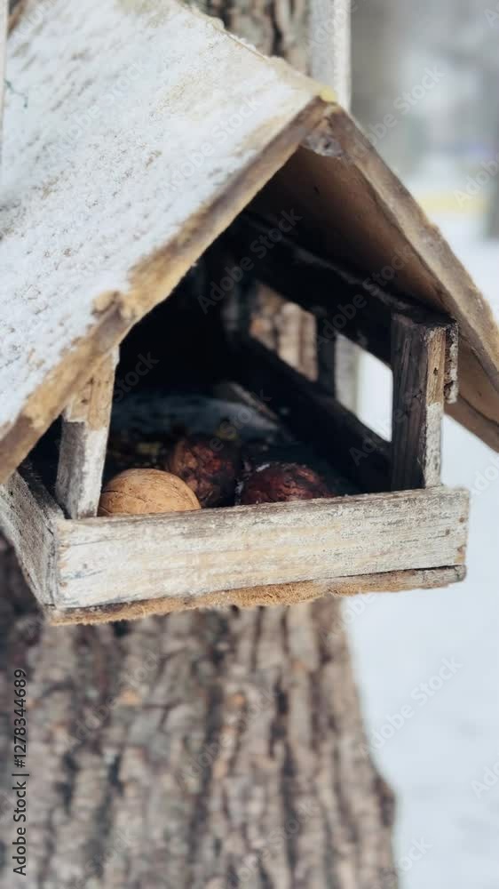 Wooden Birdhouse Hanging in Snowy Landscape Wooden Birdhouse Hanging in Snowy Landscape