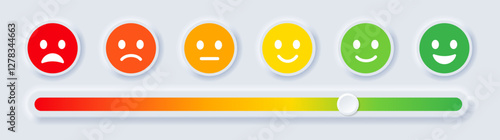 Feedback emoji slider button customer satisfaction reviews or rating scale emoji faces gauge expression signs, angry neutral sad happy good bad service emoticon shadow symbols - vector illustration.