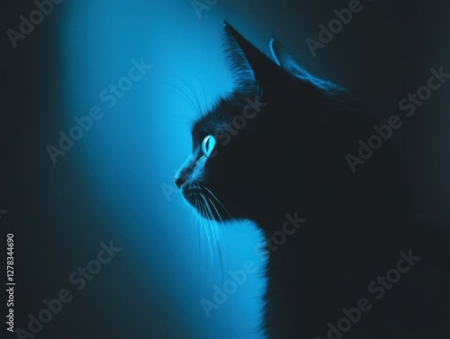 Mystical cat silhouette in blue lighting photo