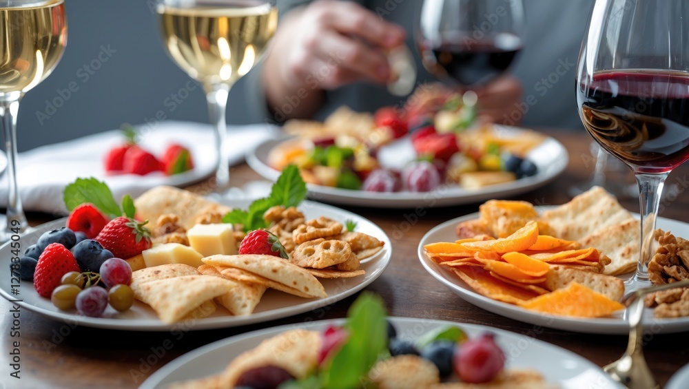 Elegant Table Setting with Wine Glasses and Assorted Snacks Featuring Fresh Fruits and Cheeses Ideal for Social Gatherings and Celebrations. Elegant Table Setting with Wine Glasses and Assorted Snacks Featuring Fresh Fruits and Cheeses Ideal for Social Gatherings and Celebrations.