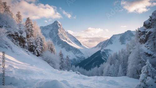 Wallpaper Mural Serene Winter Landscape with Majestic Snow-Capped Mountains and Frosted Pine Trees Under a Clear Blue Sky Torontodigital.ca