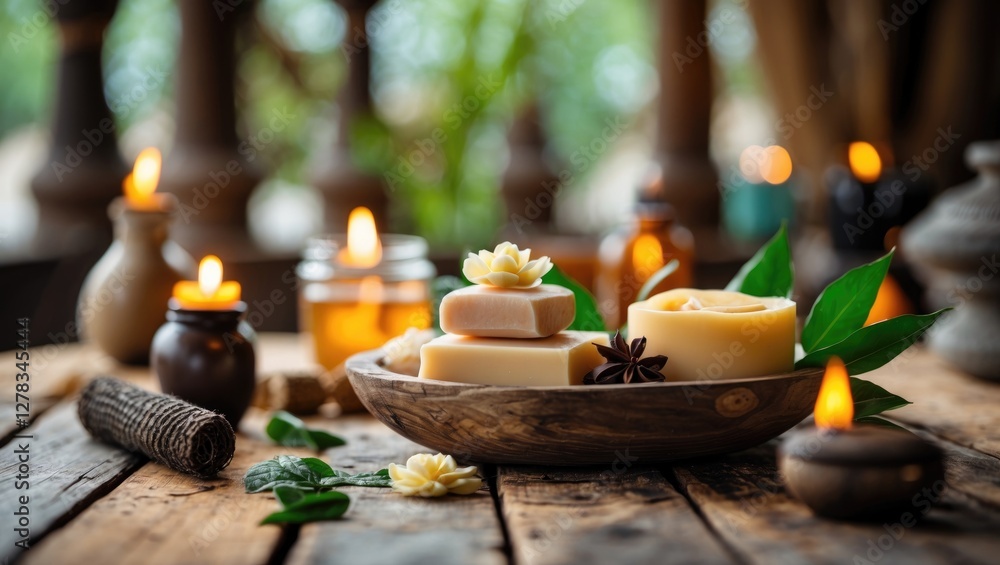 Relaxing Spa Set with Natural Soaps and Candles on Wooden Table Surrounded by Greenery and Soft Lighting for a Serene Atmosphere Relaxing Spa Set with Natural Soaps and Candles on Wooden Table Surrounded by Greenery and Soft Lighting for a Serene Atmosphere