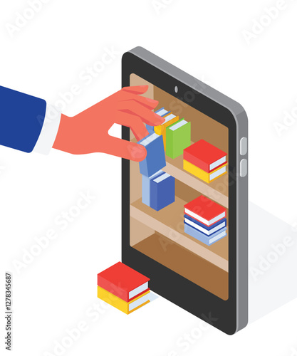 digital library and a hand picking his book from a digital library shelf stock illustration