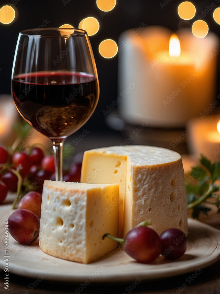 Image of an elegant cheese board set on a rustic wooden table. The board is beautifully arranged with a variety of cheeses Image of an elegant cheese board set on a rustic wooden table. The board is beautifully arranged with a variety of cheeses