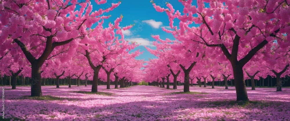 Obraz premium Cherry Blossom Orchard in Full Bloom with Vibrant Pink Petals Under Clear Blue Sky Perfect for Springtime Nature and Landscape Photography