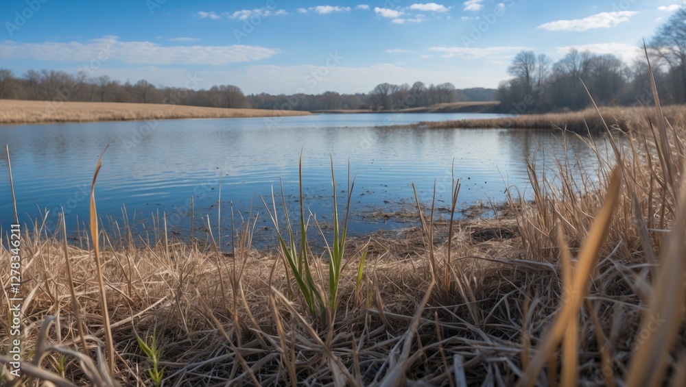 Serene Spring Scene Featuring Calm Lake Surrounded By Dry Grass and Vivid Blue Sky Highlighting Nature's Tranquility and Beauty Serene Spring Scene Featuring Calm Lake Surrounded By Dry Grass and Vivid Blue Sky Highlighting Nature's Tranquility and Beauty