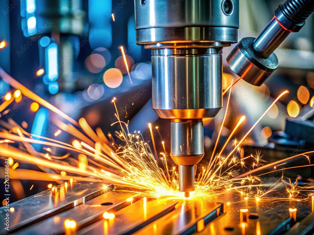 Futuristic CNC Machine Precision Drilling with Sparks & Reflections - Stock Photo Futuristic CNC Machine Precision Drilling with Sparks & Reflections - Stock Photo