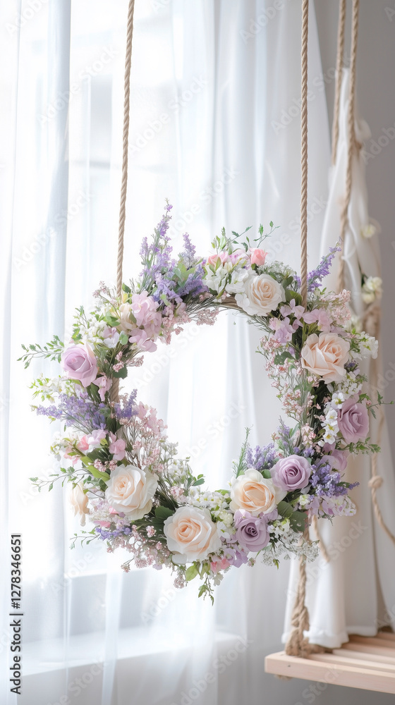 Fototapeta premium Wreath of flowers hanging from a rope