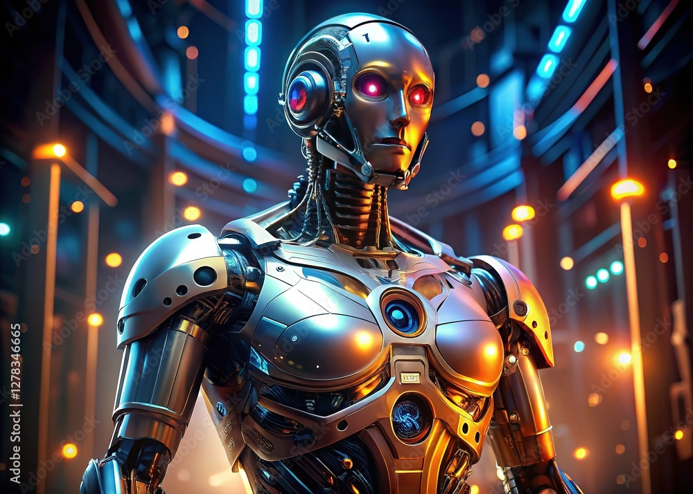 Fototapeta premium Futuristic Cybernetic AI Robot: 3D Rendered Sci-Fi Machine Intelligence