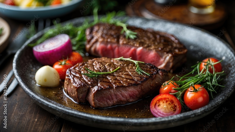 Succulent Grilled Steak with Fresh Vegetables on Rustic Table Setting Succulent Grilled Steak with Fresh Vegetables on Rustic Table Setting