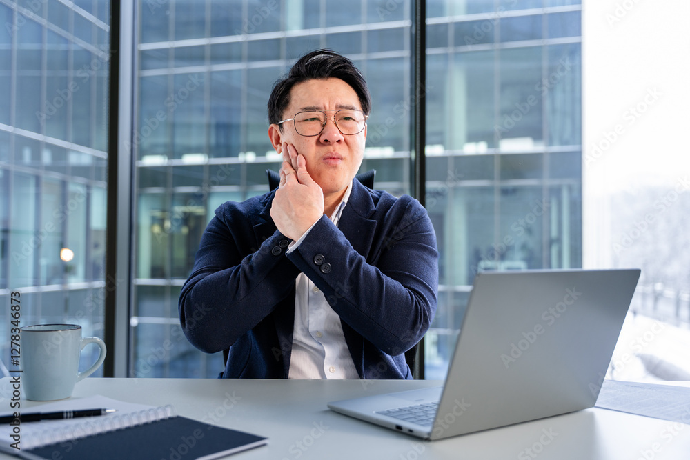 Professional businessman in a modern office holding jaw in discomfort while working, emphasizing office challenges and health issues. Wearing glasses and business attire, the man seems contemplative. Professional businessman in a modern office holding jaw in discomfort while working, emphasizing office challenges and health issues. Wearing glasses and business attire, the man seems contemplative.