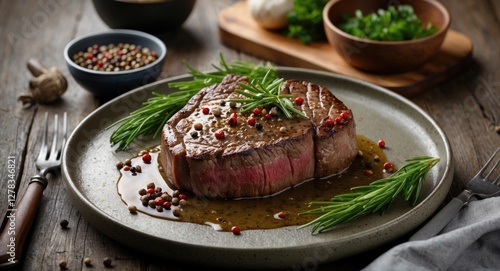 Delicious Steak with Peppercorn Sauce on a Rustic Plate Surrounded by Fresh Herbs and Spices Ideal for Culinary Promotions
