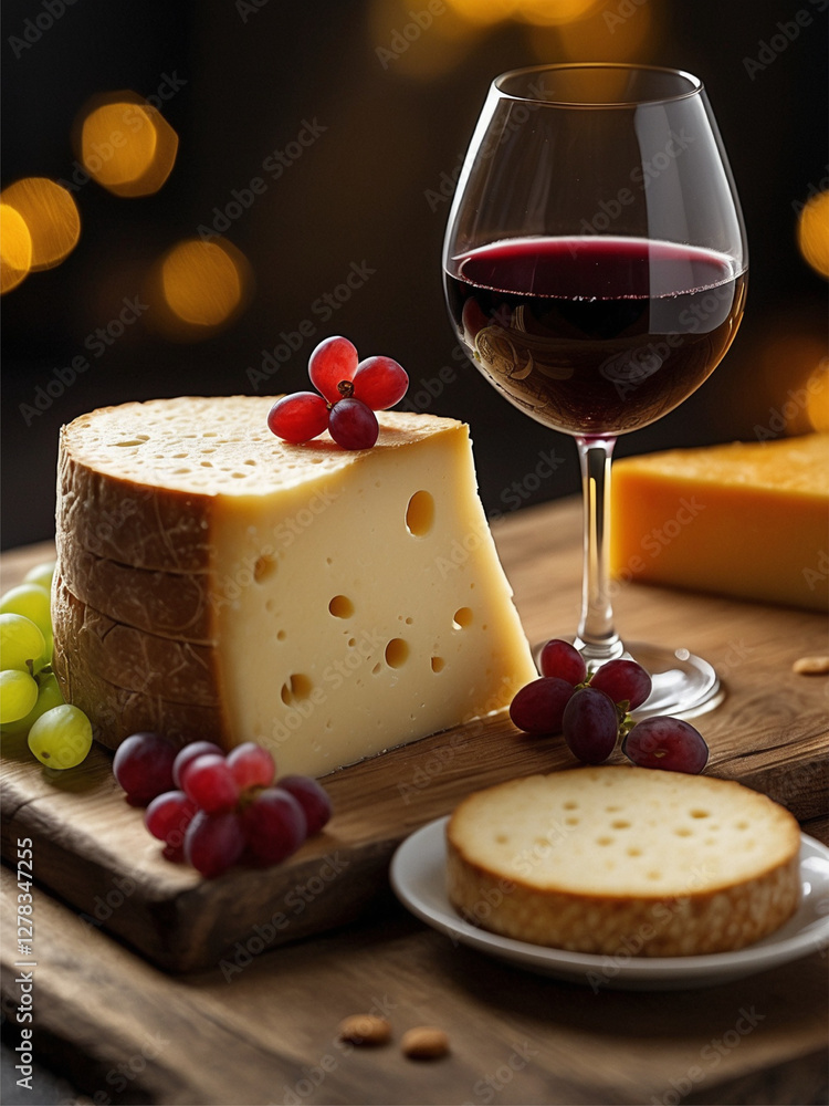 Image of an elegant cheese board set on a rustic wooden table. The board is beautifully arranged with a variety of cheeses Image of an elegant cheese board set on a rustic wooden table. The board is beautifully arranged with a variety of cheeses