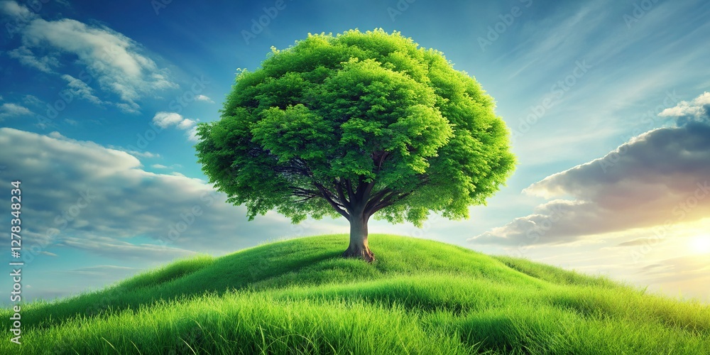 Lone Green Tree on Grassy Hilltop - Serene Nature Stock Photo