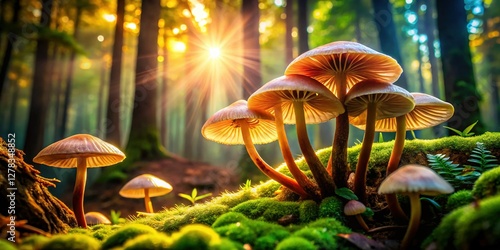 Majestic Mushroom Family Under Giant Umbrella Fungus - Closeup Nature Photography