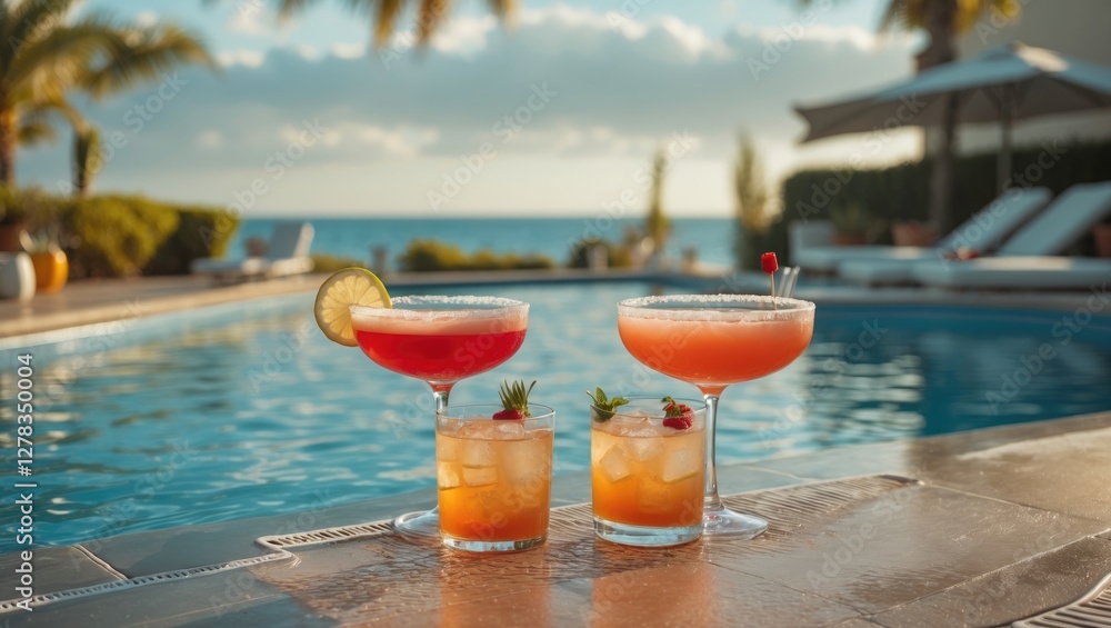 Tropical Summer Cocktails by the Poolside with Empty Space for Custom Text and Scenic Ocean View Tropical Summer Cocktails by the Poolside with Empty Space for Custom Text and Scenic Ocean View