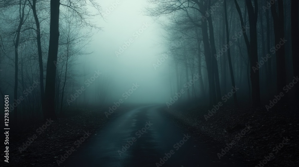 Naklejka premium Winding road disappears into dense fog, dark shadowy trees. Eerie atmosphere, mystery and intrigue. Feelings of solitude and reflection. Unknown scary misty path through forest in night.