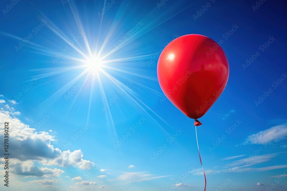 Obraz premium Red Balloon Floating in Blue Sky - Happy, Joyful, Uplifting Stock Photo