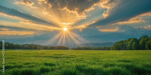 Fototapeta Naklejka Na Ścianę i Meble -  Majestic summer sunset over a lush green meadow with dramatic clouds and sun rays creating a serene landscape perfect for text overlay.