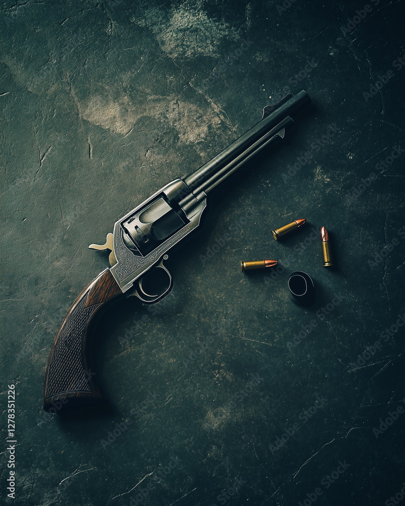 Revolver with bullits on slate surface in low key lighting.