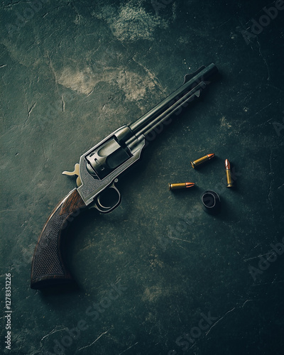 Revolver with bullits on slate surface in low key lighting.