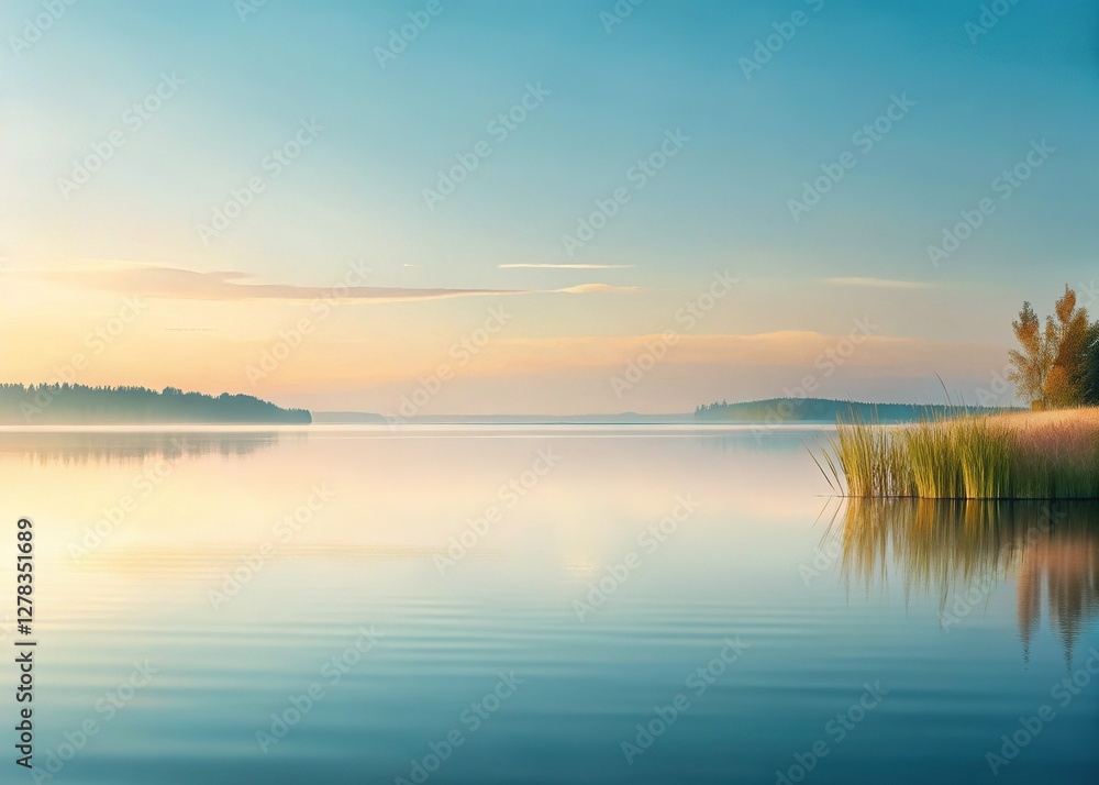 Serene Minimalist Lake: Soft Hues & Simple Lines - Stock Photo Serene Minimalist Lake: Soft Hues & Simple Lines - Stock Photo