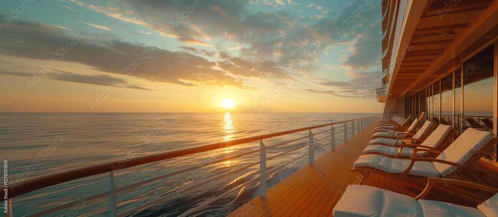 Fototapeta premium Sunset view from a cruise ship balcony with empty chairs.