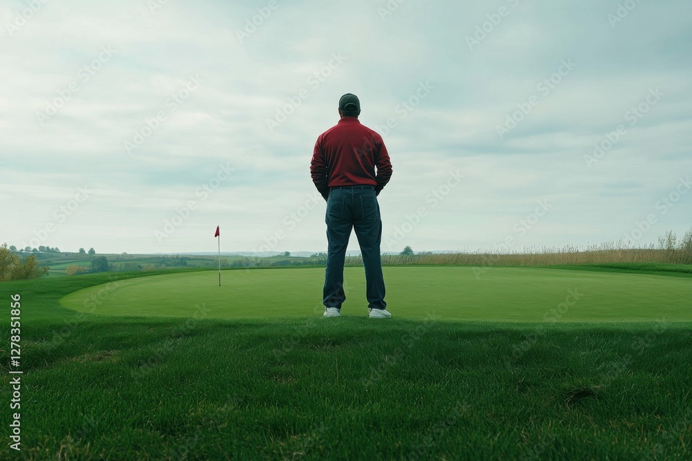 Golfer Standing on Golf Course. Male Athlete in Casual Attire Holding Golf Club Golfer Standing on Golf Course. Male Athlete in Casual Attire Holding Golf Club