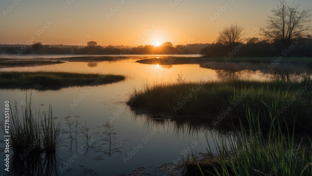 Tranquil Sunrise Over Still Pond Surrounded By Lush Grass And Trees With Empty Space For Text Or Message Placement Tranquil Sunrise Over Still Pond Surrounded By Lush Grass And Trees With Empty Space For Text Or Message Placement