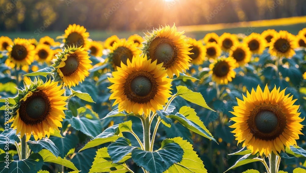 Fototapeta premium Vibrant Sunflower Field Bathed in Golden Sunlight with Lush Green Leaves and Beautiful Blossom Highlights on a Warm Afternoon