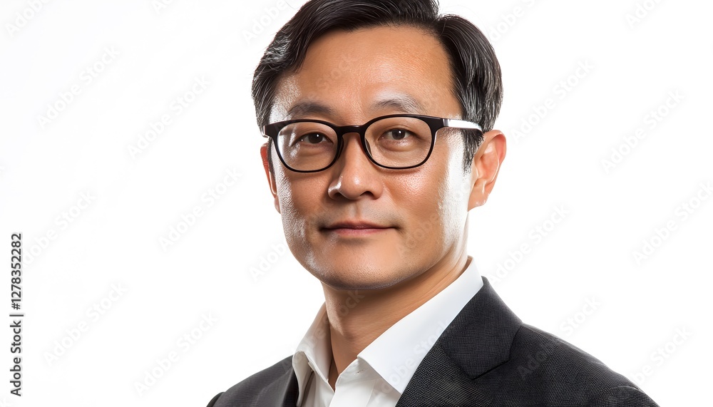 Asian man with glasses and suit poses for portrait Asian man with glasses and suit poses for portrait