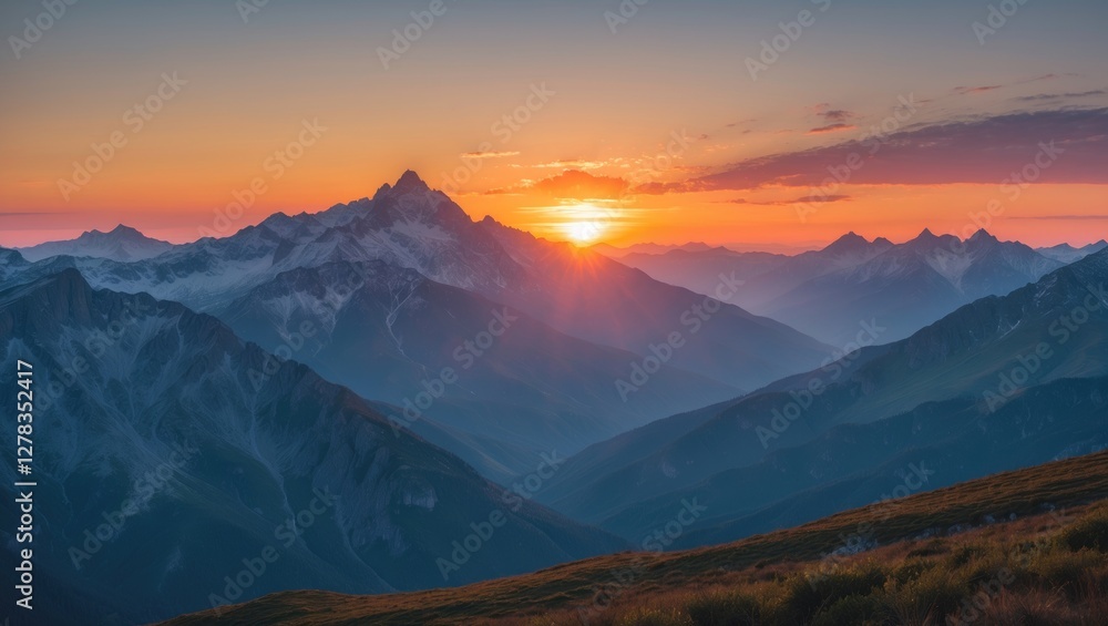 Majestic Sunrise Over Serene Mountain Peaks with Soft Light and Atmospheric Effects in a Picturesque Natural Landscape Majestic Sunrise Over Serene Mountain Peaks with Soft Light and Atmospheric Effects in a Picturesque Natural Landscape