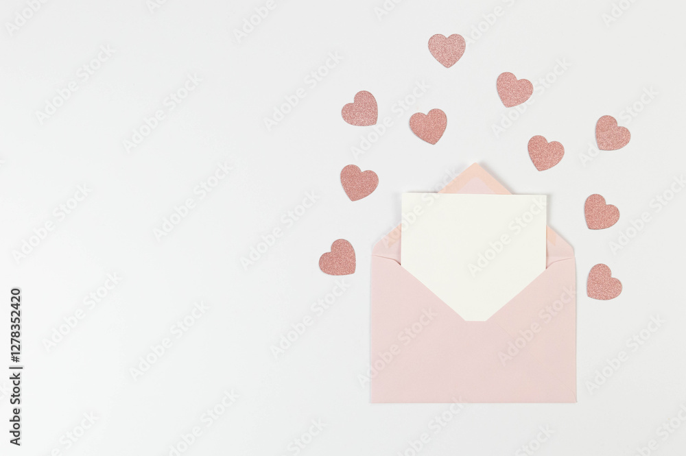 Top view of pink envelope, white card on white background. Valentine's day, pink glitter hearts, love. Post flat lay, copy space. Top view of pink envelope, white card on white background. Valentine's day, pink glitter hearts, love. Post flat lay, copy space.