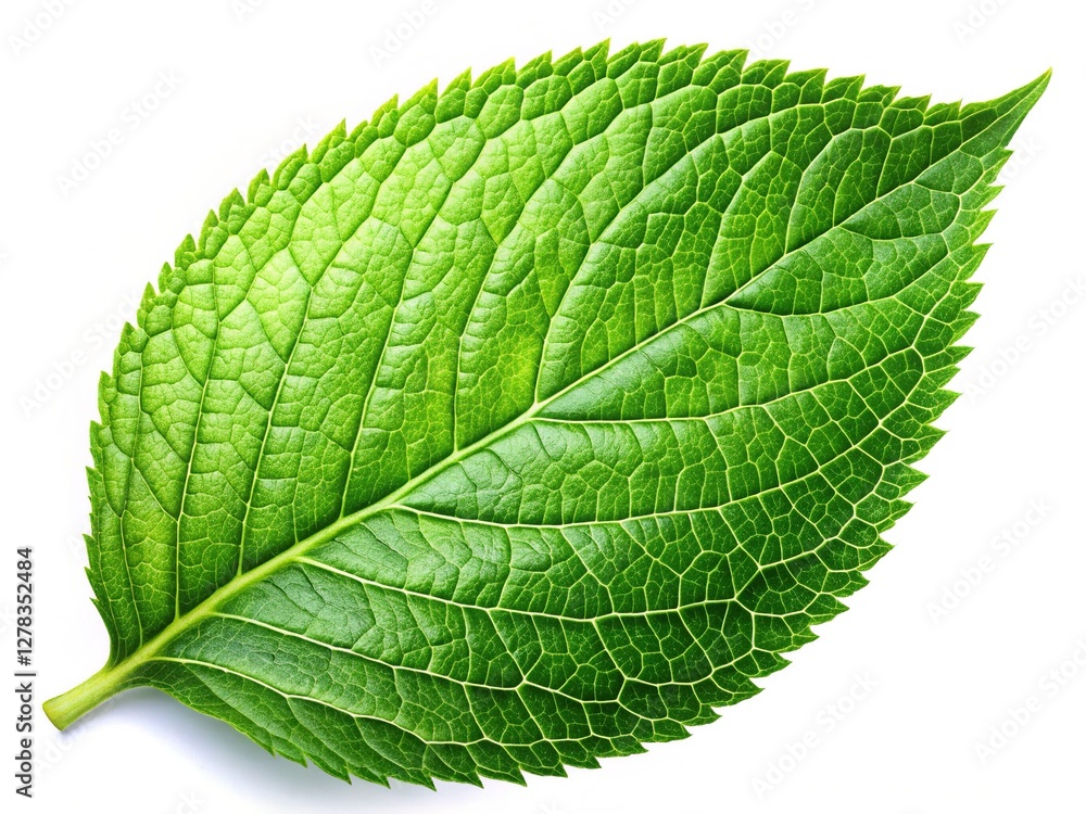 Obraz premium Single Green Leaf Isolated on White Background - Nature Stock Photo