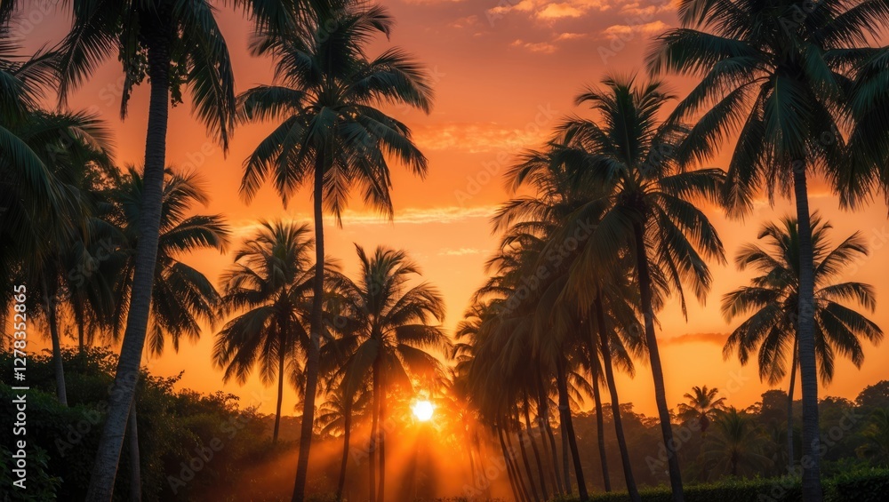 Obraz premium Serene Sunset Illuminating Palm Trees in Tropical Landscape