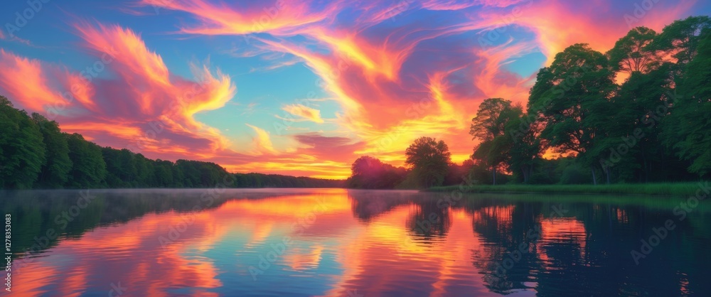 Obraz premium Vibrant Summer Sunset Reflecting on Serene Lake Surrounded by Lush Greenery and Colorful Sky