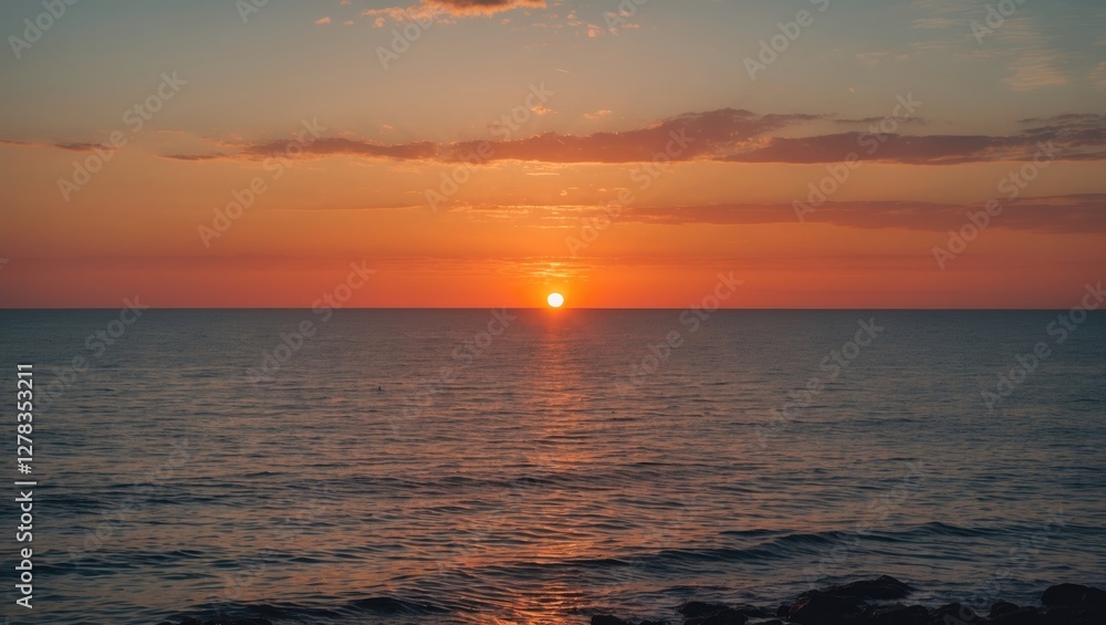 Serene Sunset Over Tranquil Sea with Vibrant Colors and Empty Space for Text or Copy Serene Sunset Over Tranquil Sea with Vibrant Colors and Empty Space for Text or Copy