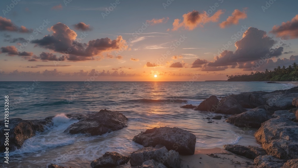 Tropical Sunset Over Rocky Beach with Calm Waves and Dramatic Cloud Formation Ideal for Text Overlay and Scenic Background