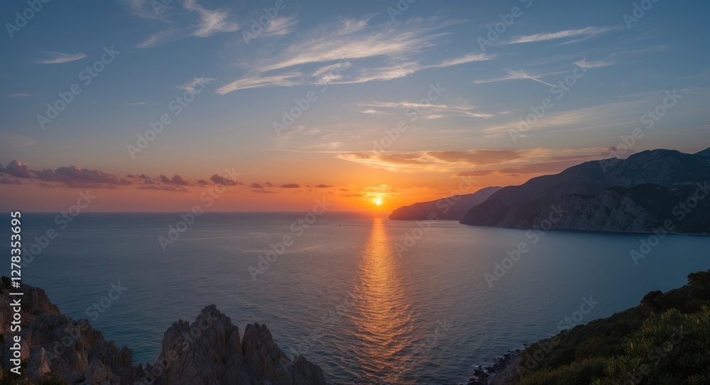 Serene sunset view over the tranquil waters of Maddalena Island highlighting vibrant colors and dramatic coastal landscape. Serene sunset view over the tranquil waters of Maddalena Island highlighting vibrant colors and dramatic coastal landscape.
