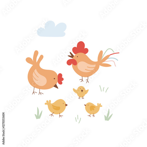 Family of cartoon chickens enjoying a sunny day in a grassy field with fluffy clouds.