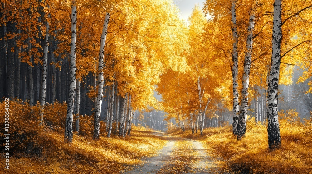 Fototapeta premium Serene Pathway Through Vibrant Autumn Forest with Golden Leaves and Majestic Birch Trees