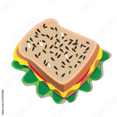 Brown hand-drawn vector illustration of rectangular piece of bread with seeds and sausage cheese lettuce isolated on a white background