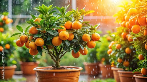 Top View of Decorative Tangerine Tree in Pot, Greenhouse Setting, Raindrops on Leaves